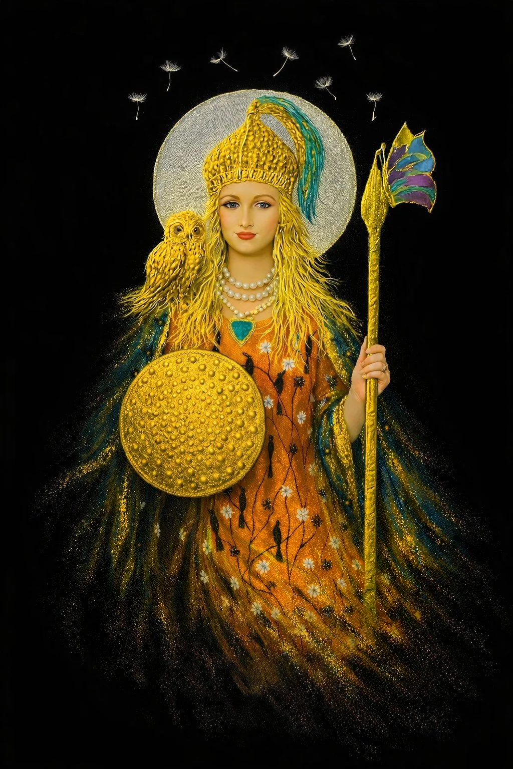 Golden celestial goddess Athena holding a radiant shield and staff, adorned with intricate robes and a perched owl, with soft dandelion seeds floating across a dark background