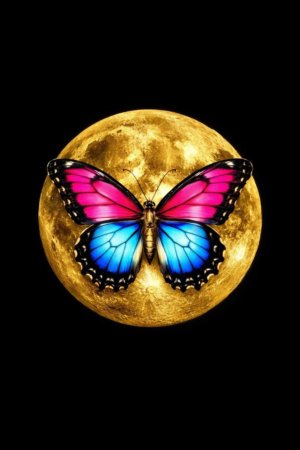 Vivid pink and blue butterfly positioned in front of a glowing golden moon against a plain black background