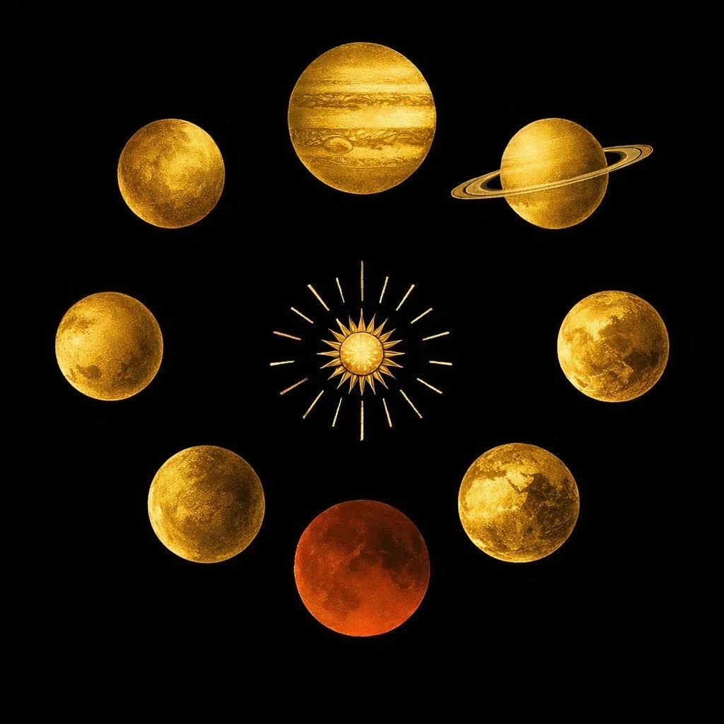 Golden sun surrounded by moon phases, including a red eclipse moon, arranged in a circular celestial pattern against a dark starry background
