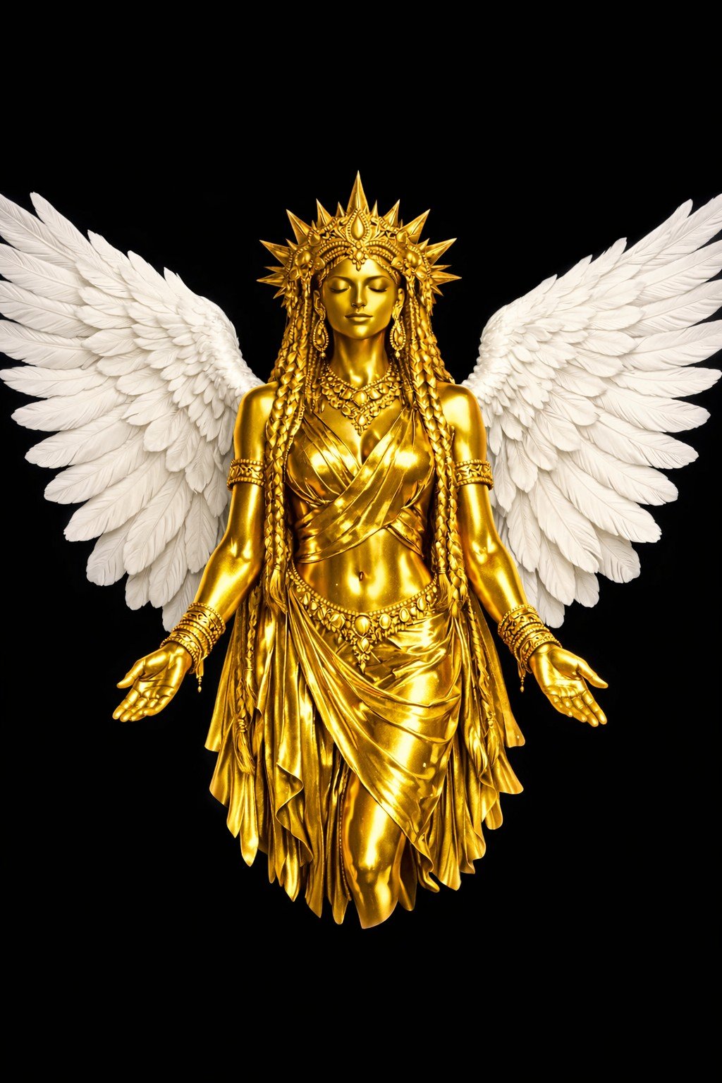 Golden winged celestial goddess with white feathered wings, adorned in ornate jewelry and robes, standing against a plain black background