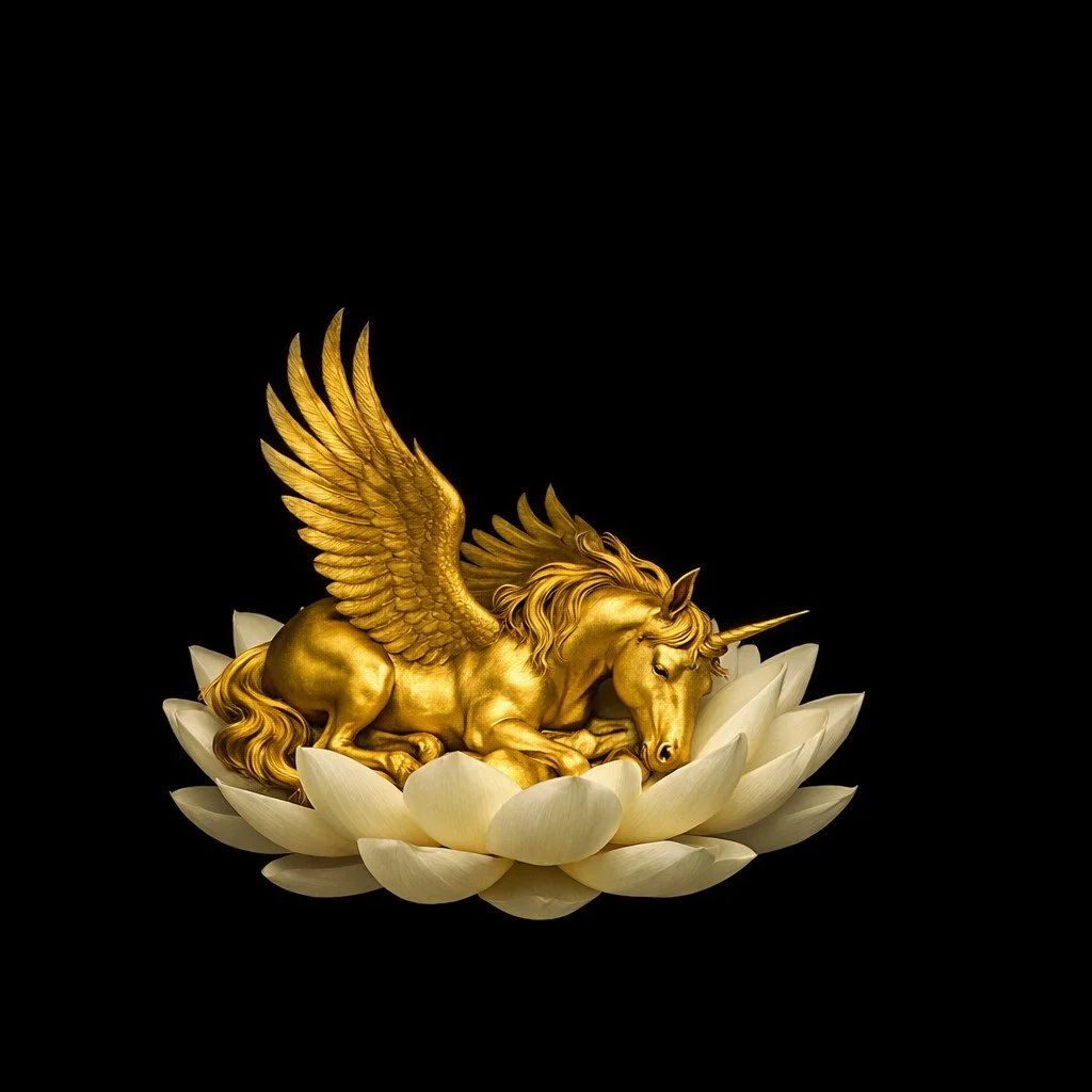 Golden winged unicorn resting on a white lotus flower against a plain black background