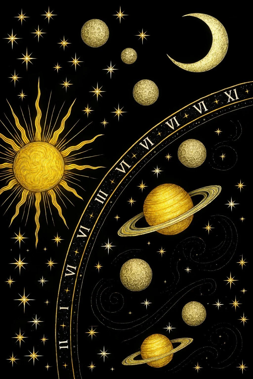 Golden celestial sun, crescent moon, and planets with swirling star patterns and Roman numerals arranged across a dark background