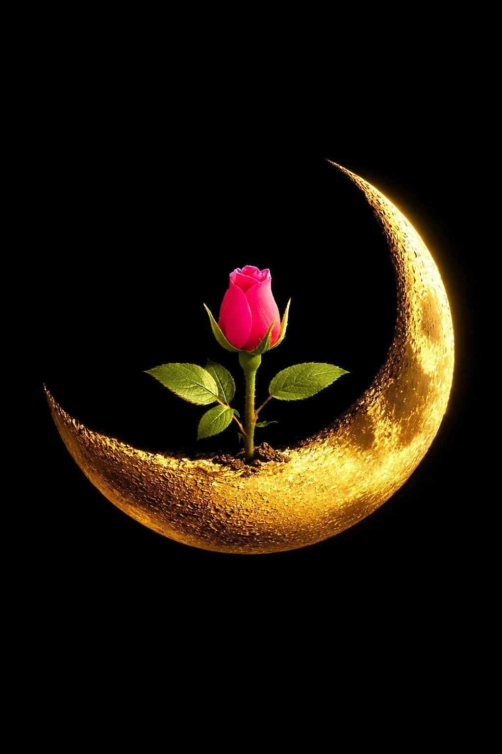 Golden crescent moon cradling a pink rosebud with green leaves against a plain black background