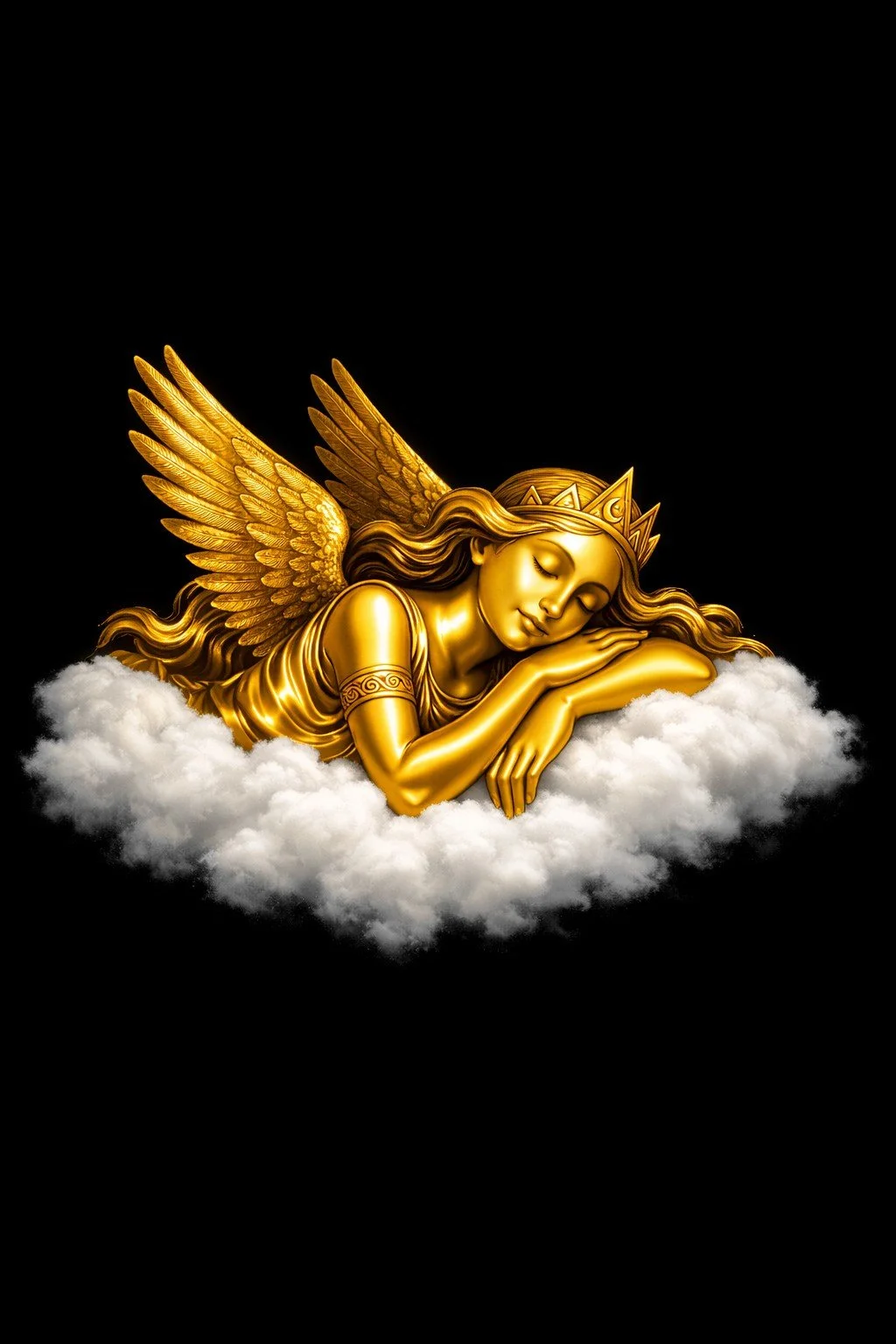 Golden celestial figure sleeping peacefully on a soft white cloud with white feather wings and a golden crown against a plain black background