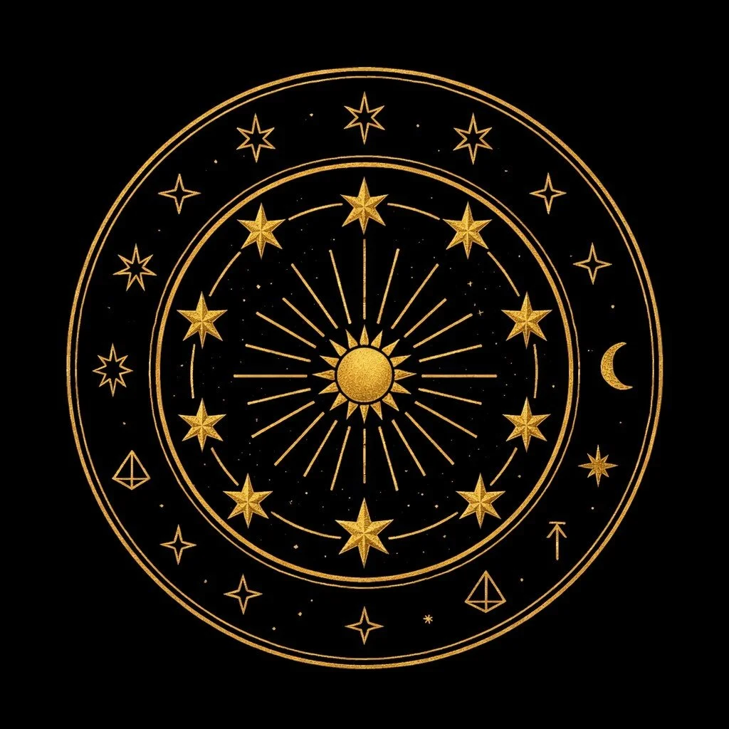 Golden celestial mandala with a radiant sun at the center, surrounded by stars, a crescent moon, pyramids, and geometric symbols on a plain black background
