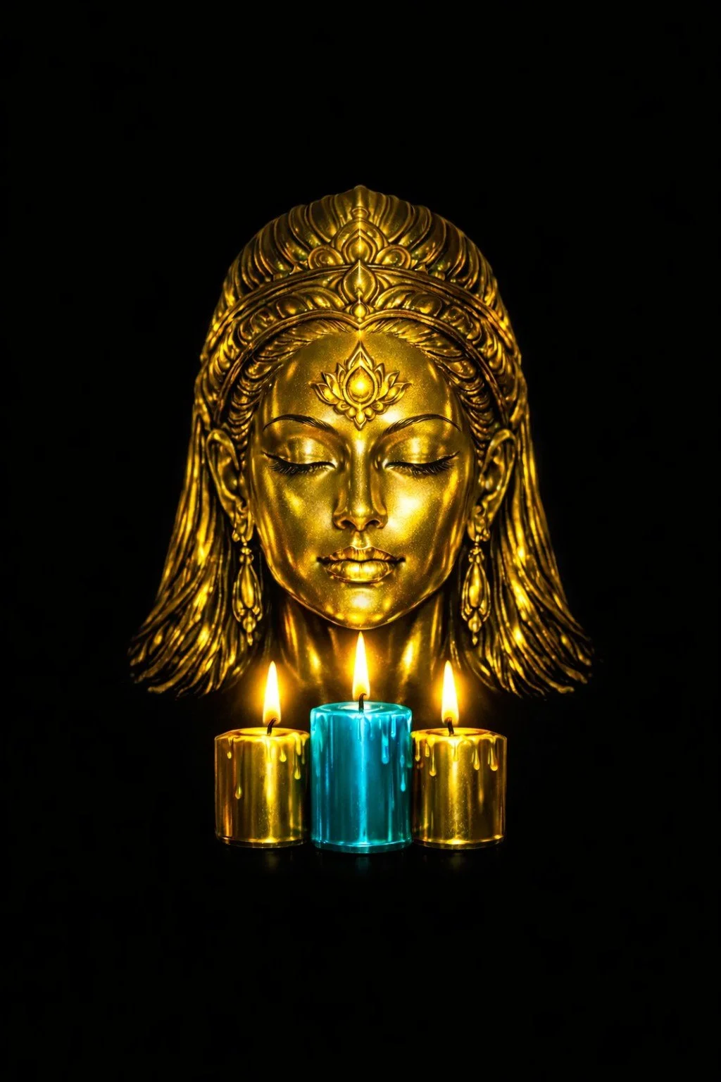 Golden, serene, meditating face with closed eyes behind three lit candles—two gold and one blue—against a plain black background