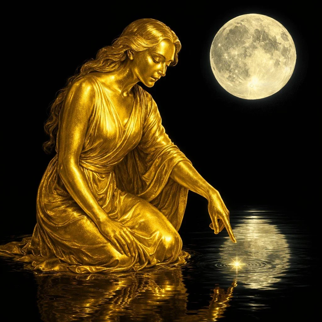 Golden kneeling figure pointing down at a star floating in a reflective pool of water, with a large full moon against a plain black background