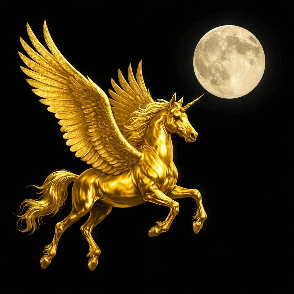 Golden winged unicorn flying against a plain black background with a full moon in the upper right corner
