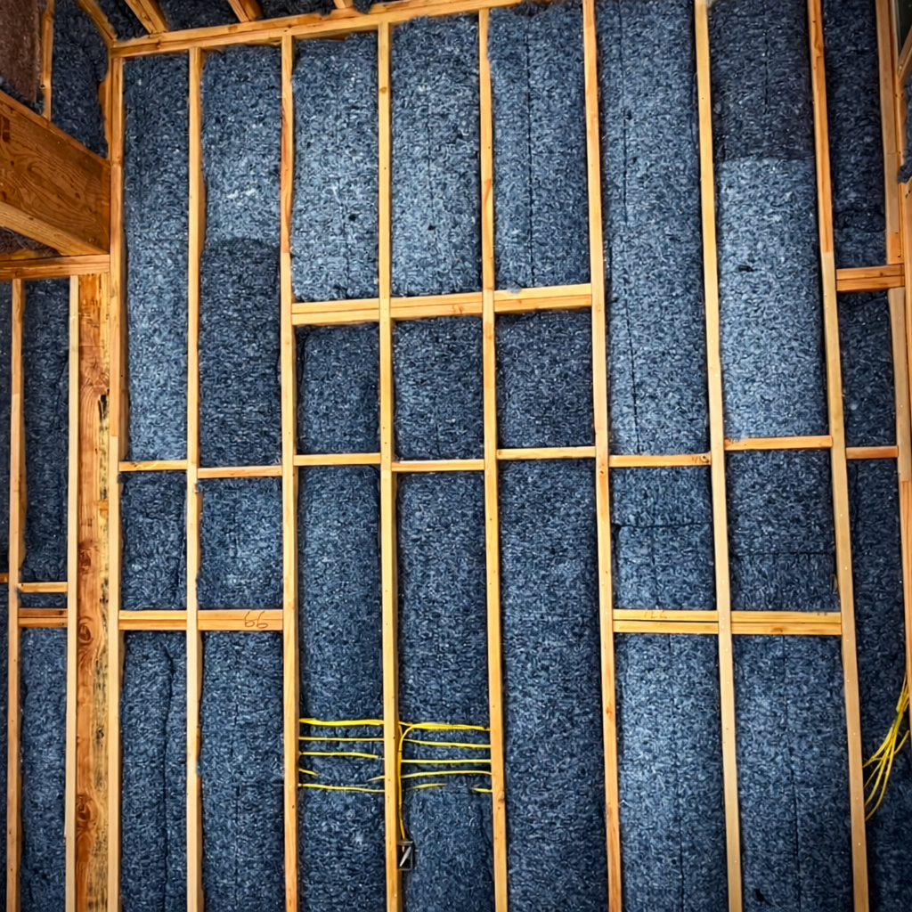 Interior wall framing with wooden studs and blue insulation panels in a construction site.
