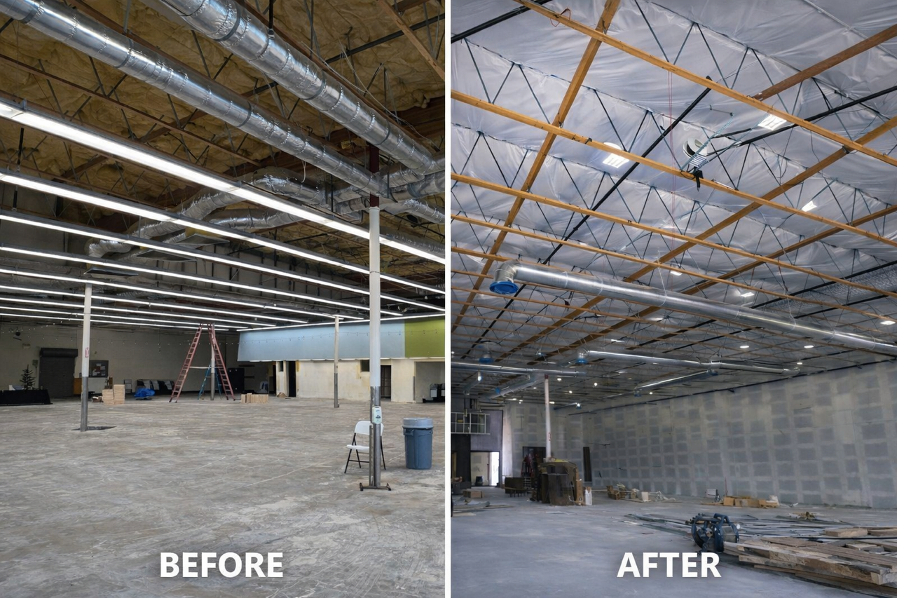 Side-by-side comparison of an indoor construction site: the left shows the space before renovation with a bare concrete floor, unfinished ceiling with exposed ducts, and minimal lighting; the right shows the same space during renovation with more completed ceiling with insulation and framework, and construction materials on the floor.