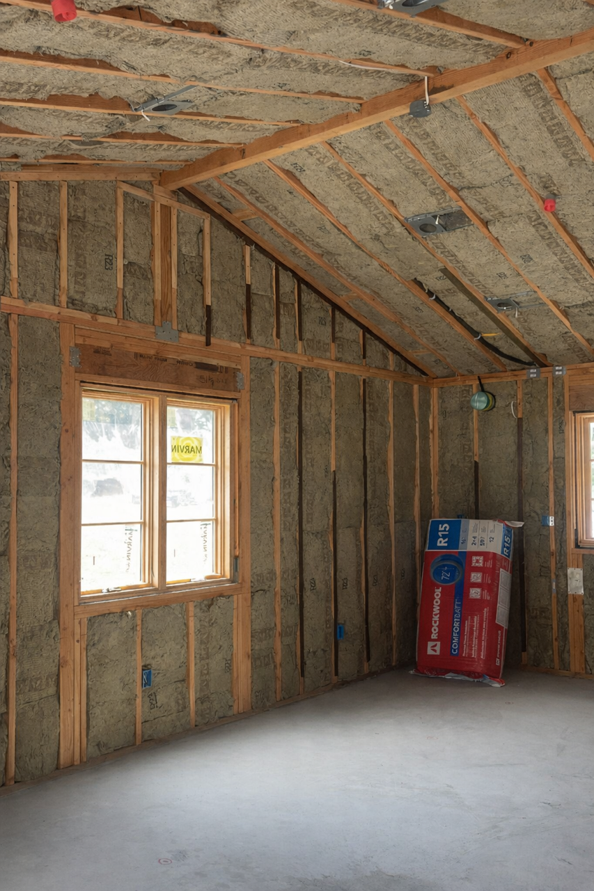 Interior of a room under construction with insulated walls, wooden studs, and a sloped ceiling. There are two windows, and construction materials are present, including a bag of R15 insulation on the floor.