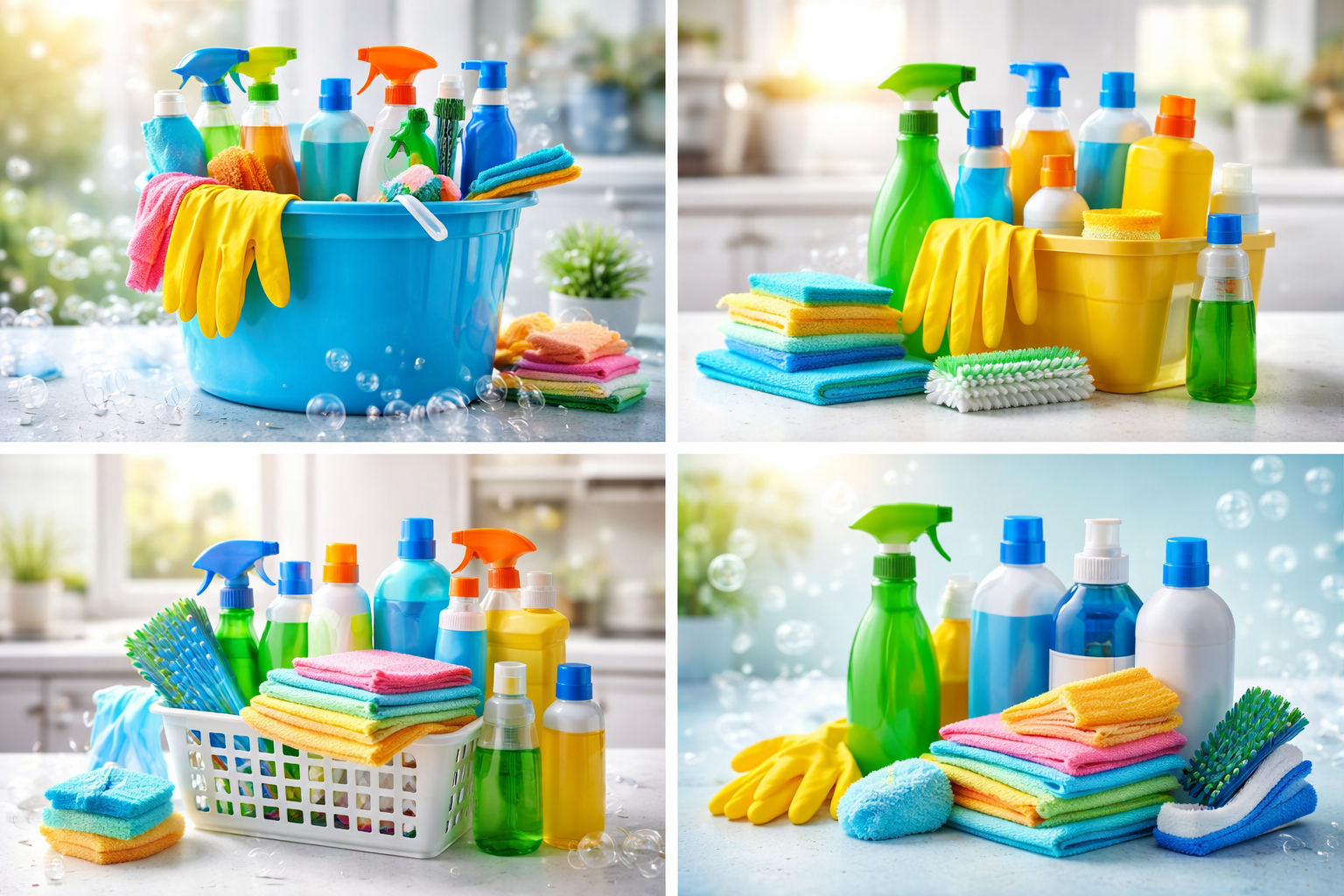 Assorted cleaning supplies including spray bottles, sponges, rags, and gloves in various containers and on a countertop.