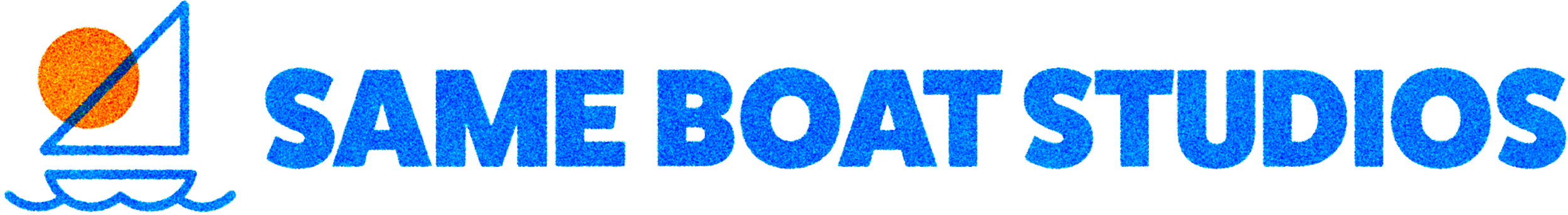 Logo of Same Boat Studios with a stylized orange sun, blue sailboat, and blue waves.