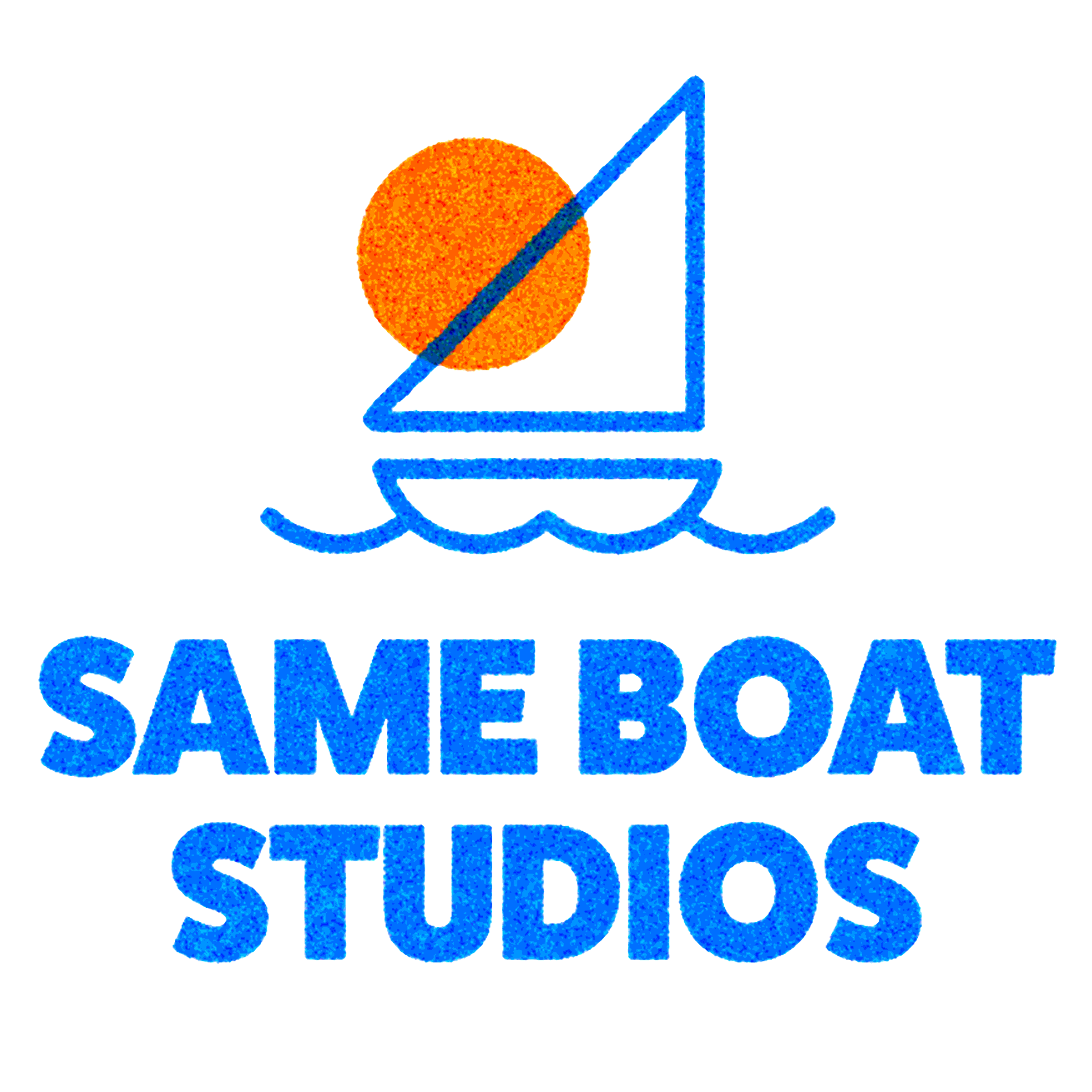 The Same Boat Studios logo featuring a blue outline of a boat with a triangular sail, an orange sun behind the sail, and blue waves beneath the boat. The text 'SAME BOAT STUDIOS' is written in bold blue letters below the logo.