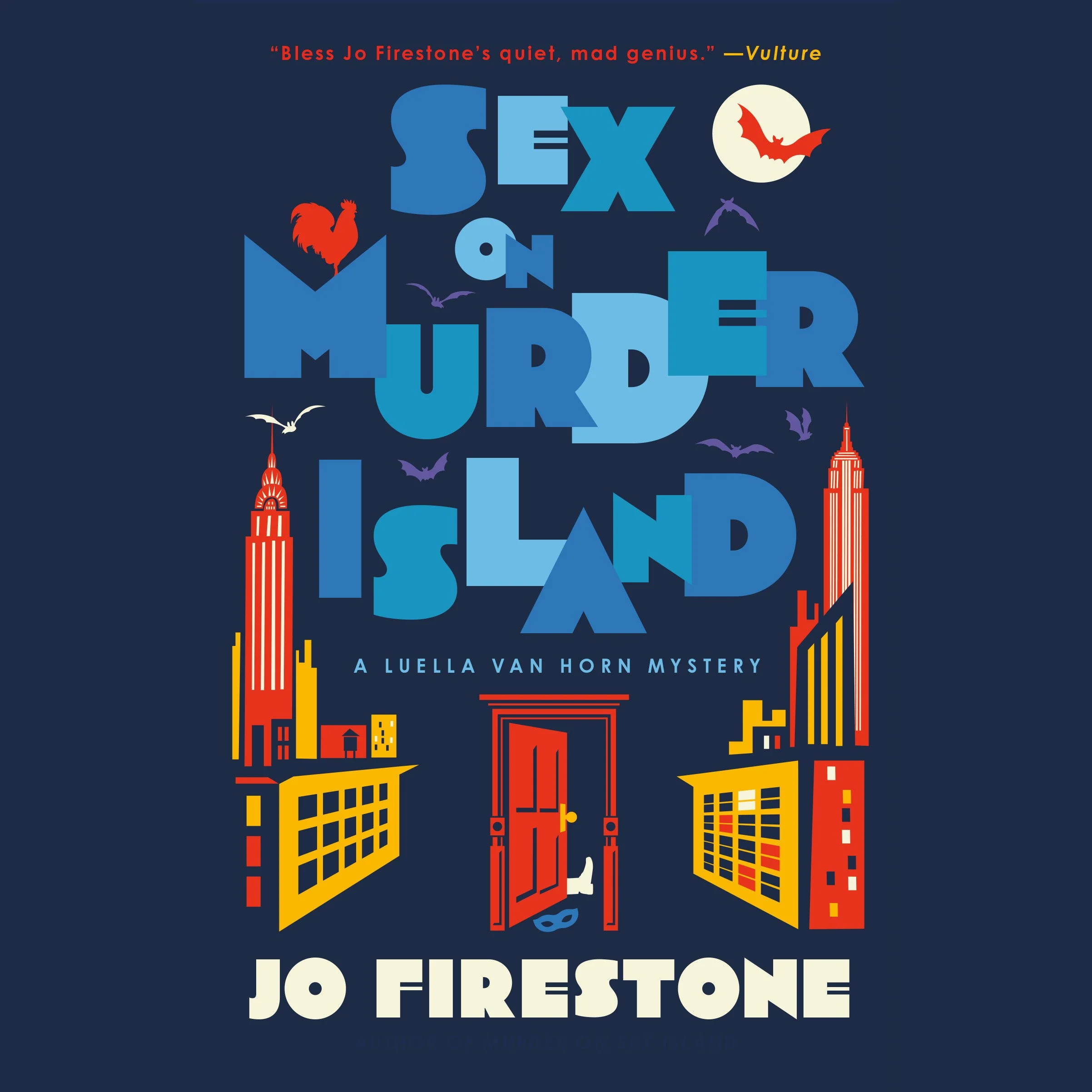 The audiobook cover of Sex on Murder Island. It has an art deco style block illustration of the New York City skyline, and a door opening to a foot and mask