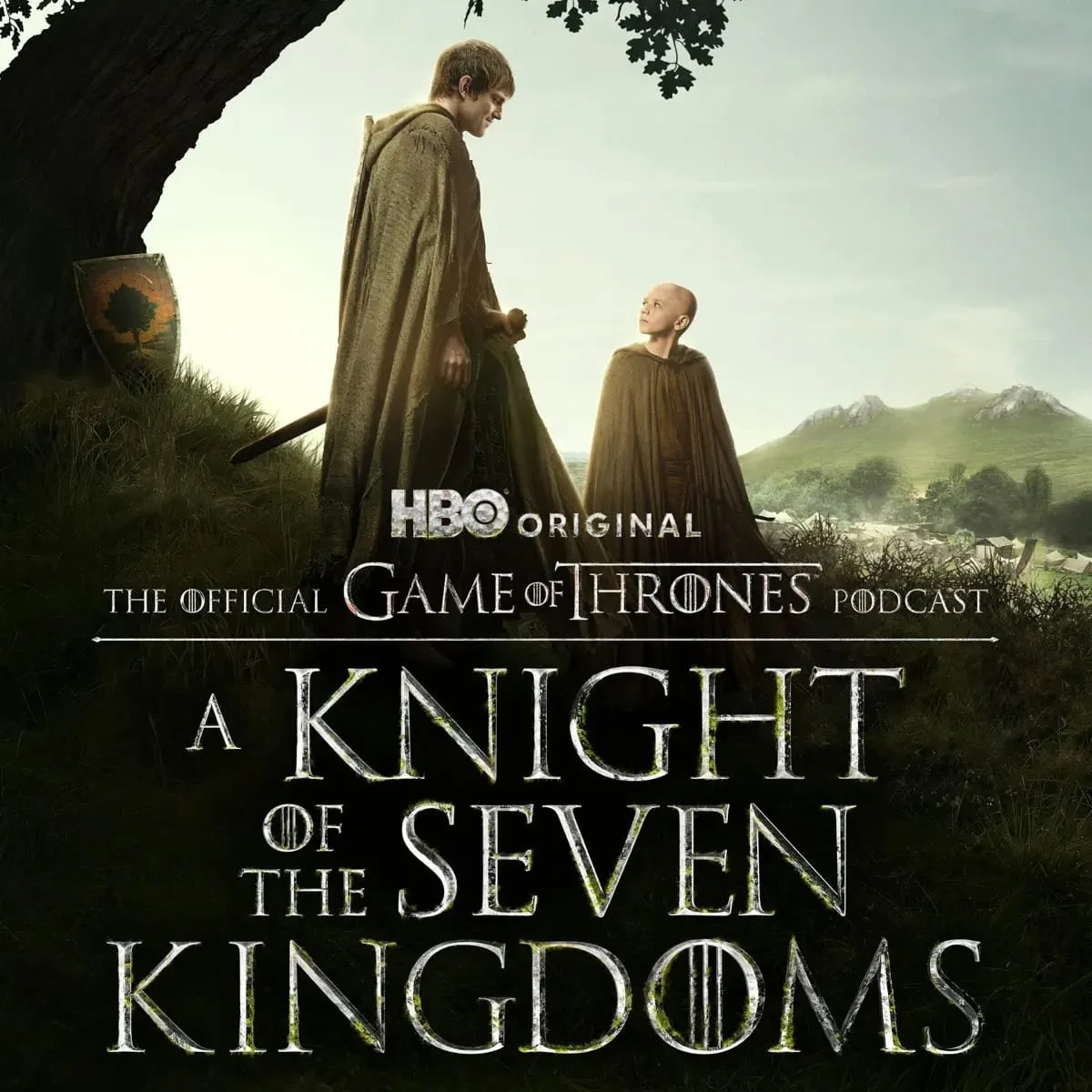 Podcast key art for HBO's Game of Thrones podcast titled "A Knight of the Seven Kingdoms." Features a scene with two characters in medieval cloaks standing under a large tree, overlooking a vast green landscape with hills and mountains.