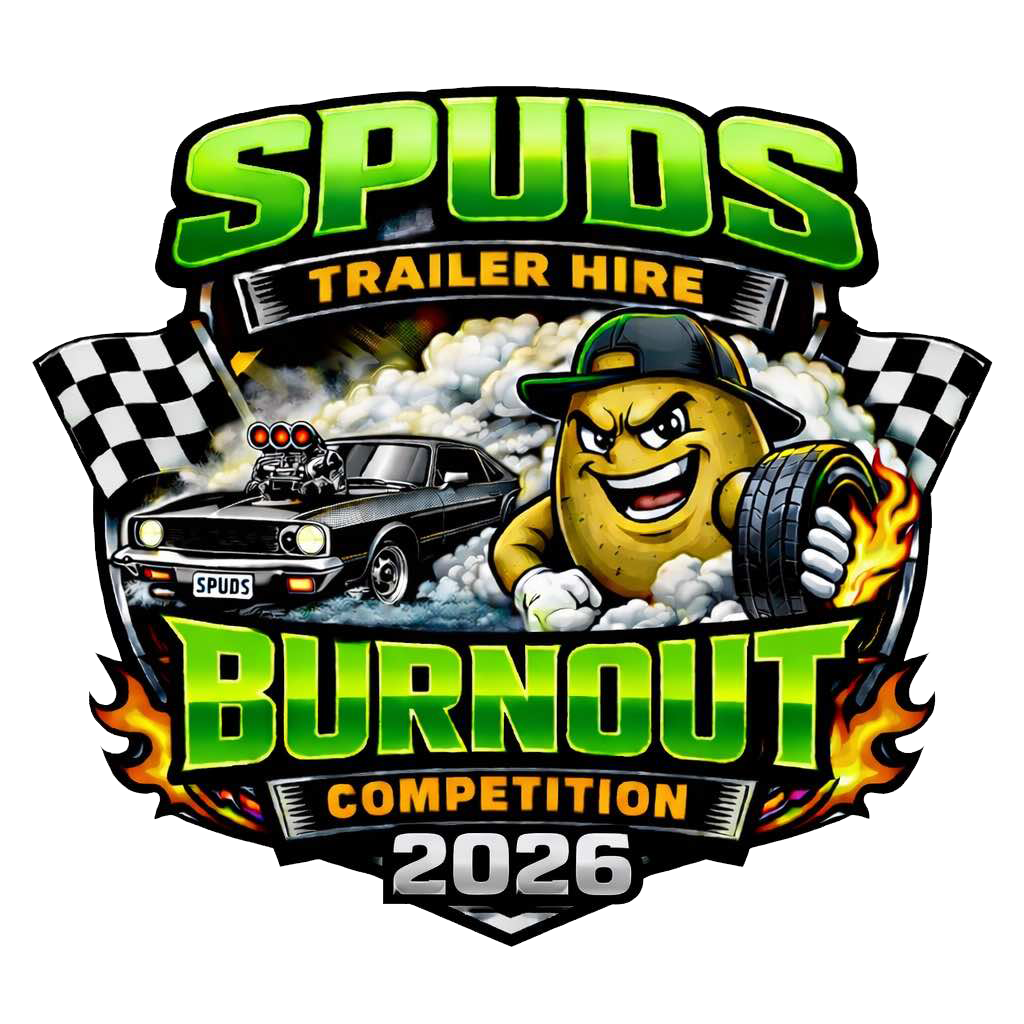 Logo for an event called 'Spuds Burnout Competition 2026' featuring a cartoon potato wearing a cap and holding a flaming tire, a muscle car with a supercharged engine, two checkered flags, and flames surrounding the text.