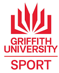 Griffith University Sport logo with red stylized emblem and text in red