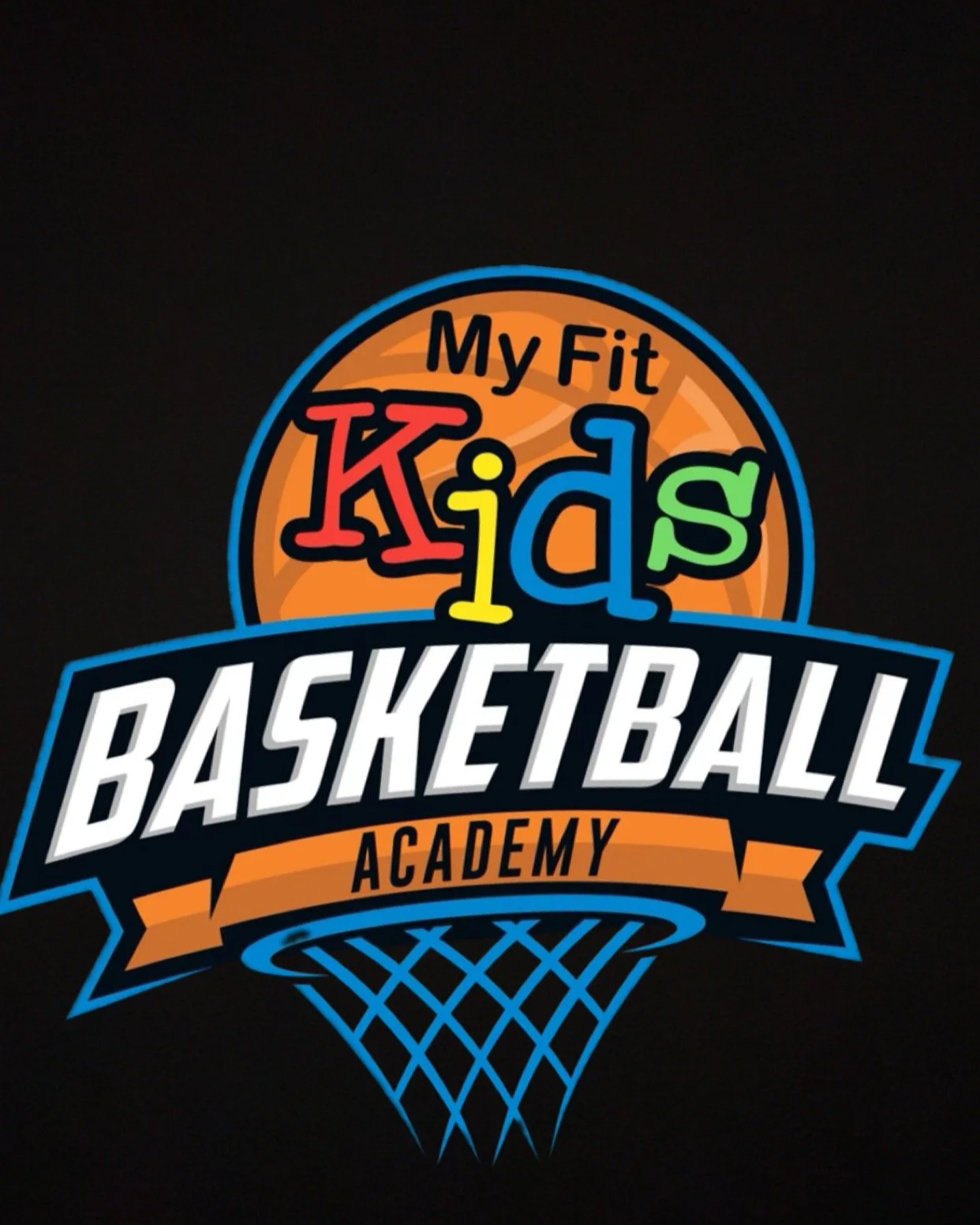 Logo for 'My Fit Kids Basketball Academy' with a basketball, colorful text, and a basketball net.
