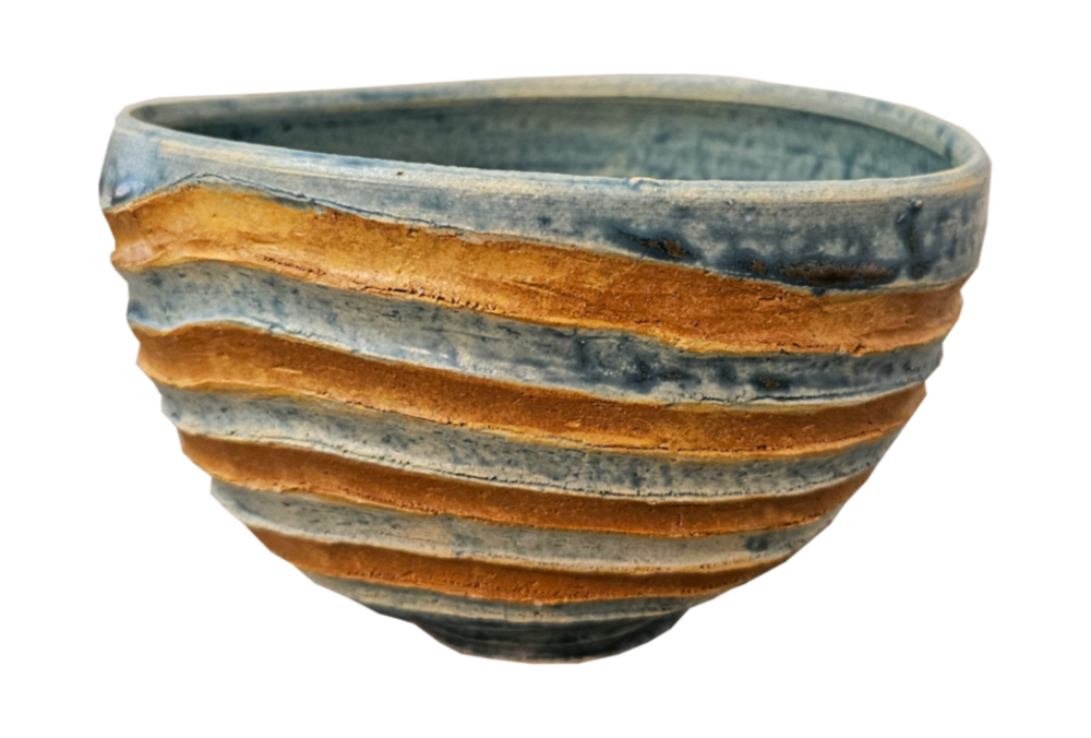 A modern style chawan in bluea and brown colours