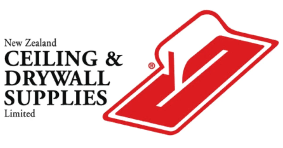 Logo for New Zealand Ceiling & Drywall Supplies, featuring a red and white depiction of a drywall knife.