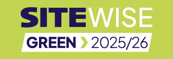 SiteWise Green 2025/26 logo with green and purple text on a green background.