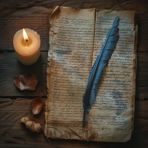 An open, old, weathered book with handwritten text, a blue feather quill resting on it, a lit white candle, and a few fallen brown leaves on a wooden surface.