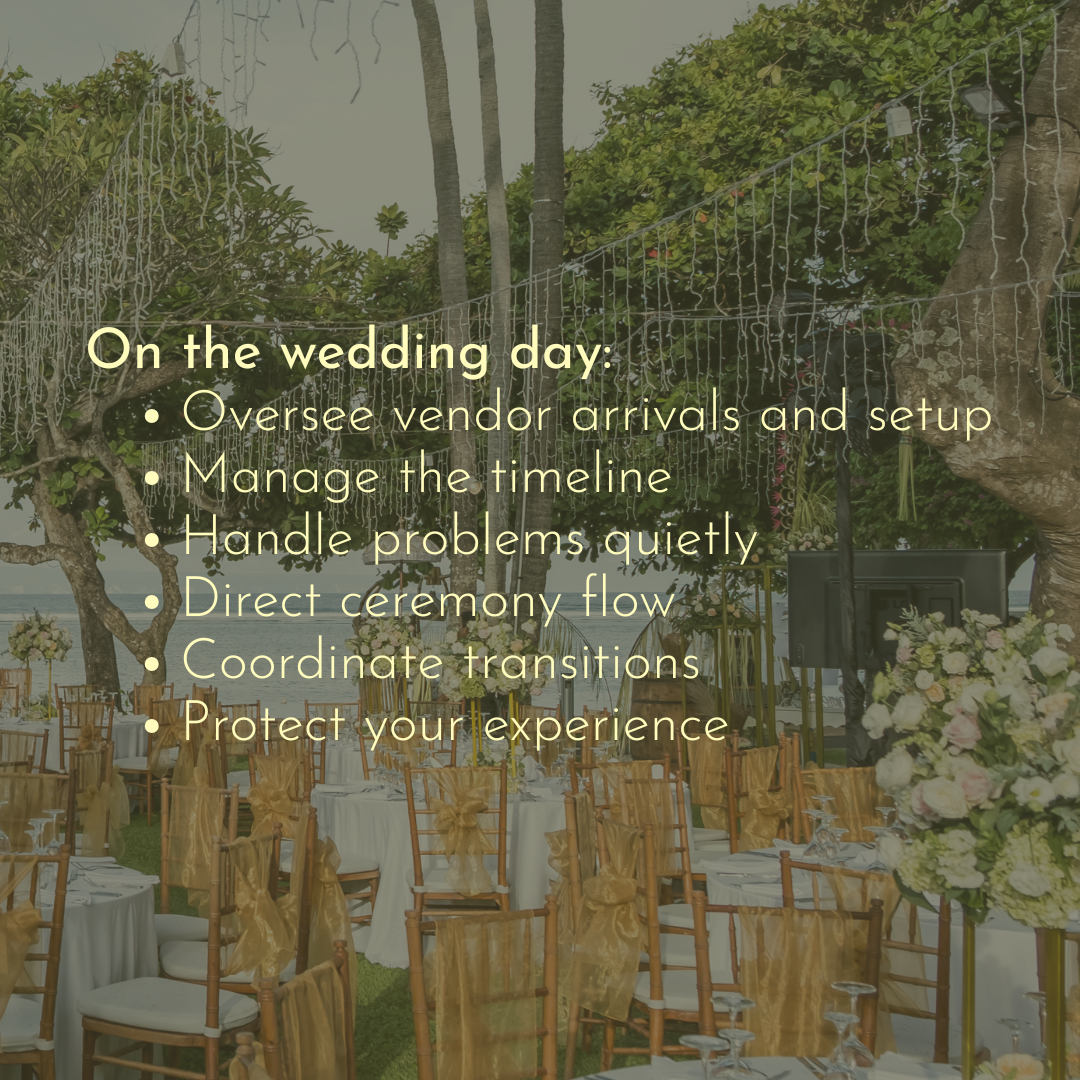 Graphic outlining day-of wedding coordination services in Maui, including managing vendors, timeline execution, and guest experience flow.