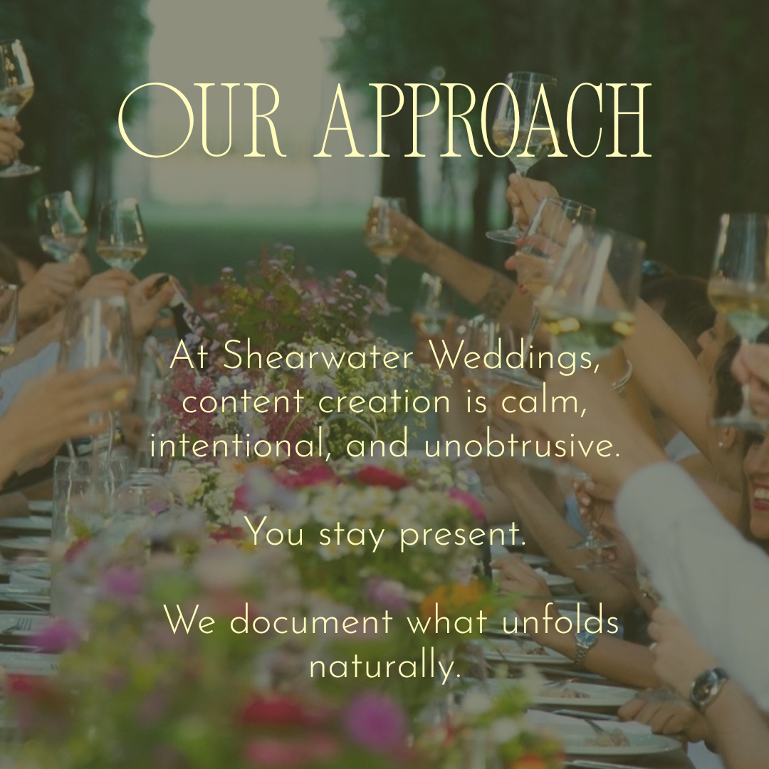 Graphic describing Shearwater Weddings’ calm and intentional approach to wedding content creation in Maui.