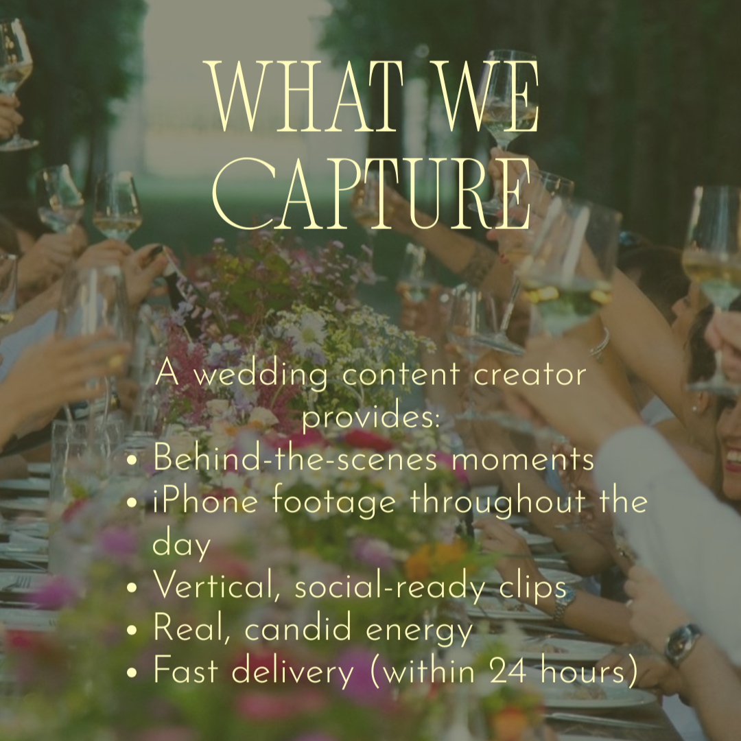 Graphic outlining wedding content creation services in Maui, including behind-the-scenes footage and social-ready video clips.