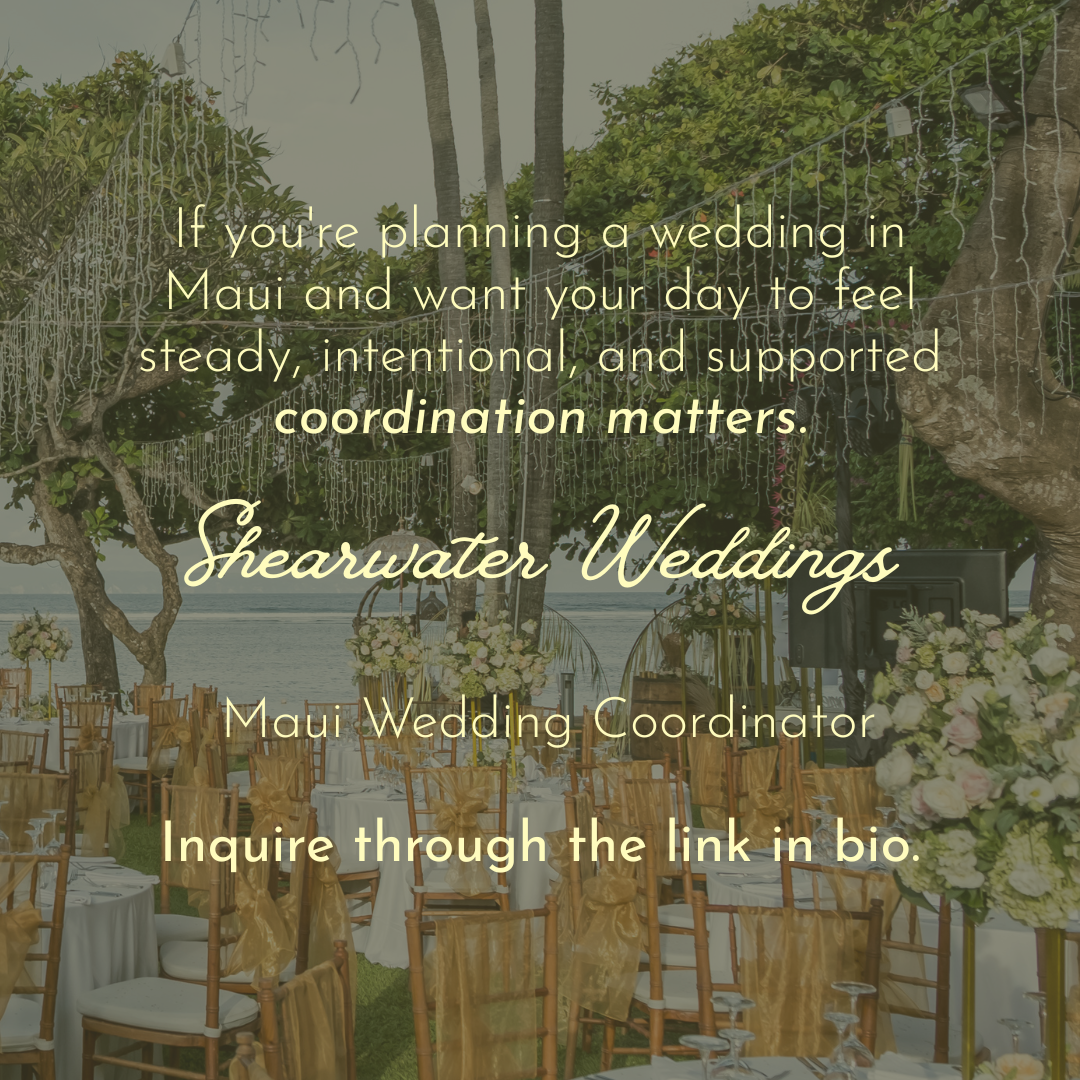 Graphic promoting Shearwater Weddings, a Maui-based wedding coordinator for couples planning intentional and supported celebrations.