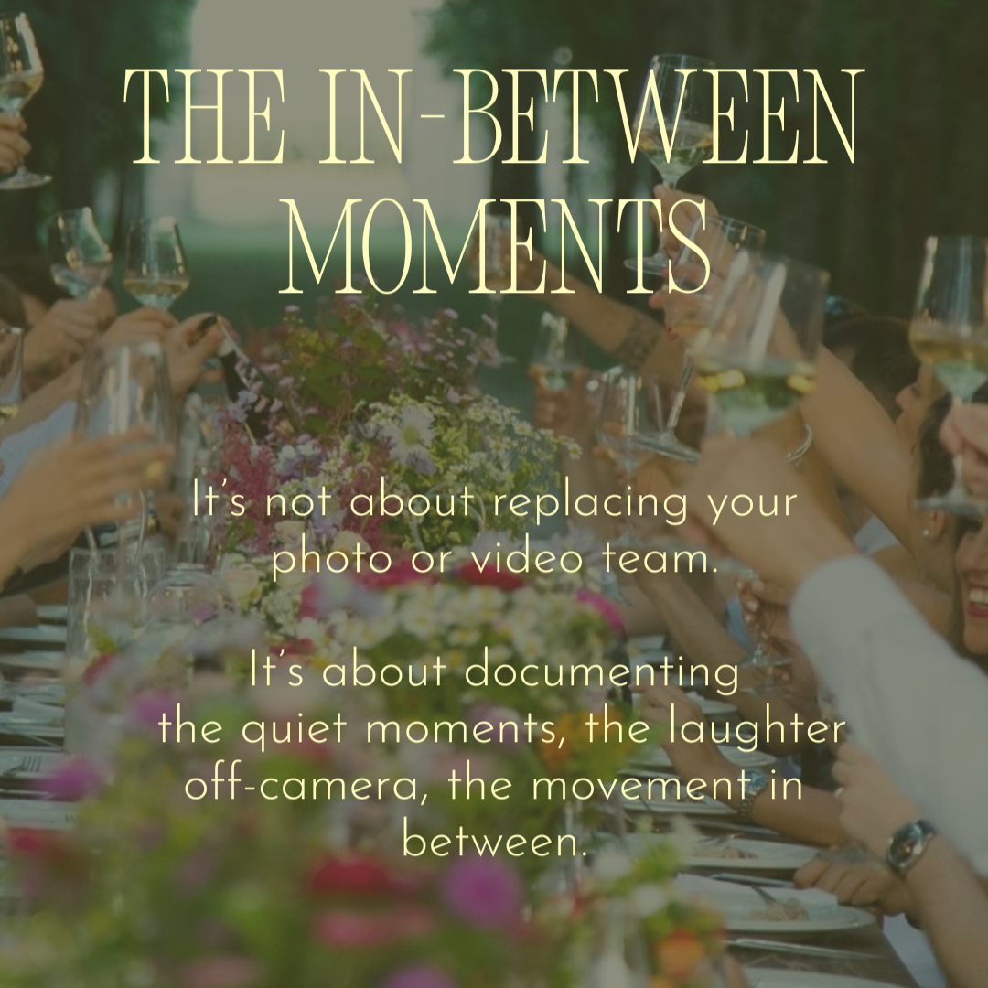 Graphic explaining how a Maui wedding content creator captures candid and in-between moments throughout the wedding day.