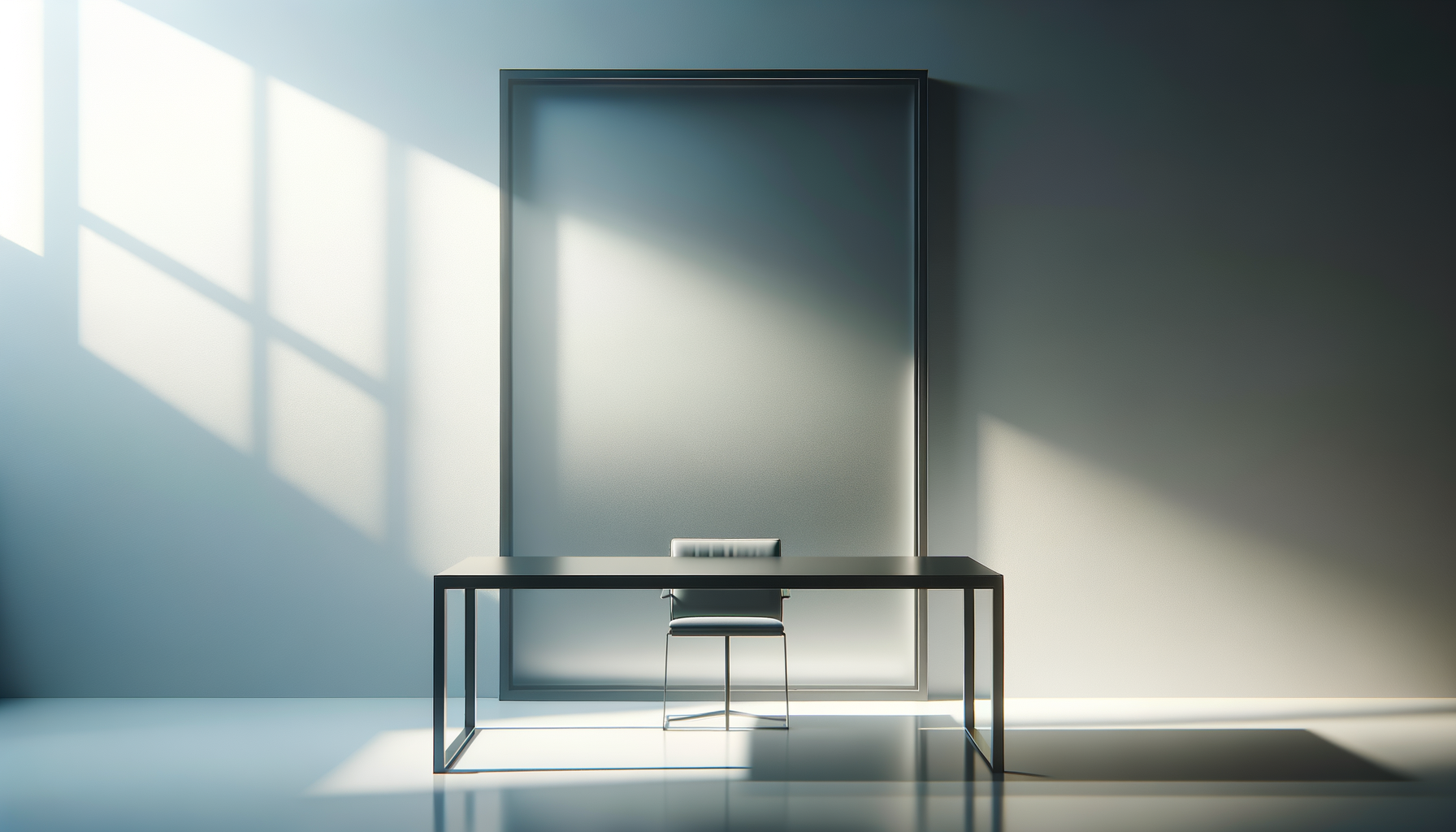 A modern minimalist room with a black table and a single chair, with sunlight casting geometric shadows on the wall.