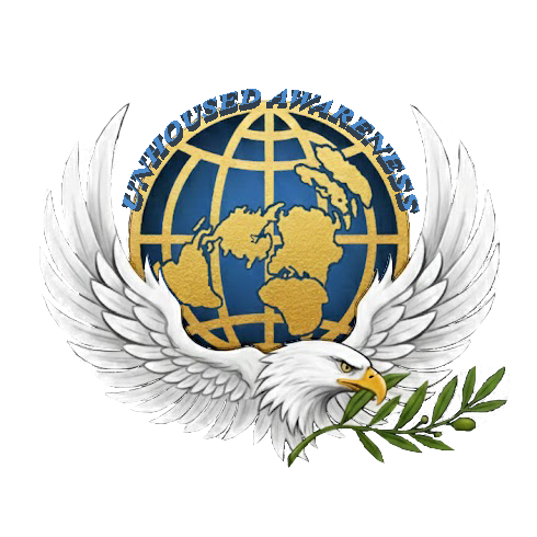Emblem featuring a globe with a map of the world, an eagle holding olive branches, and text around the globe.
