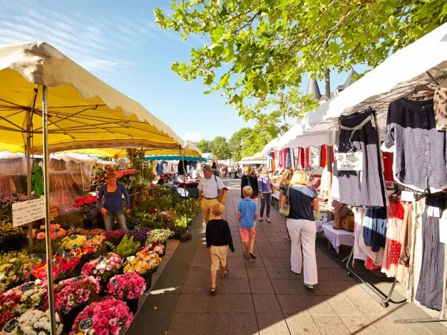 Marché extérieur avec stands de fleurs et de vêtements, marchands et visiteurs sous un soleil ensoleillé, arbre hasardeux en haut à droite.