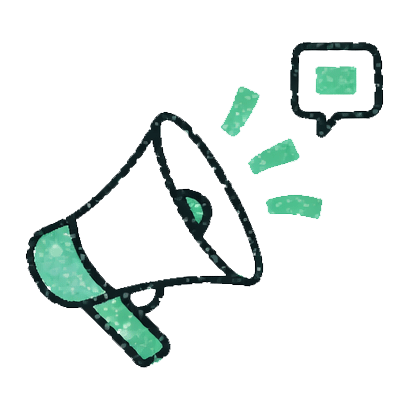 Une illustration d'un haut-parleur avec une bulle de dialogue indiquant une annonce ou un message.