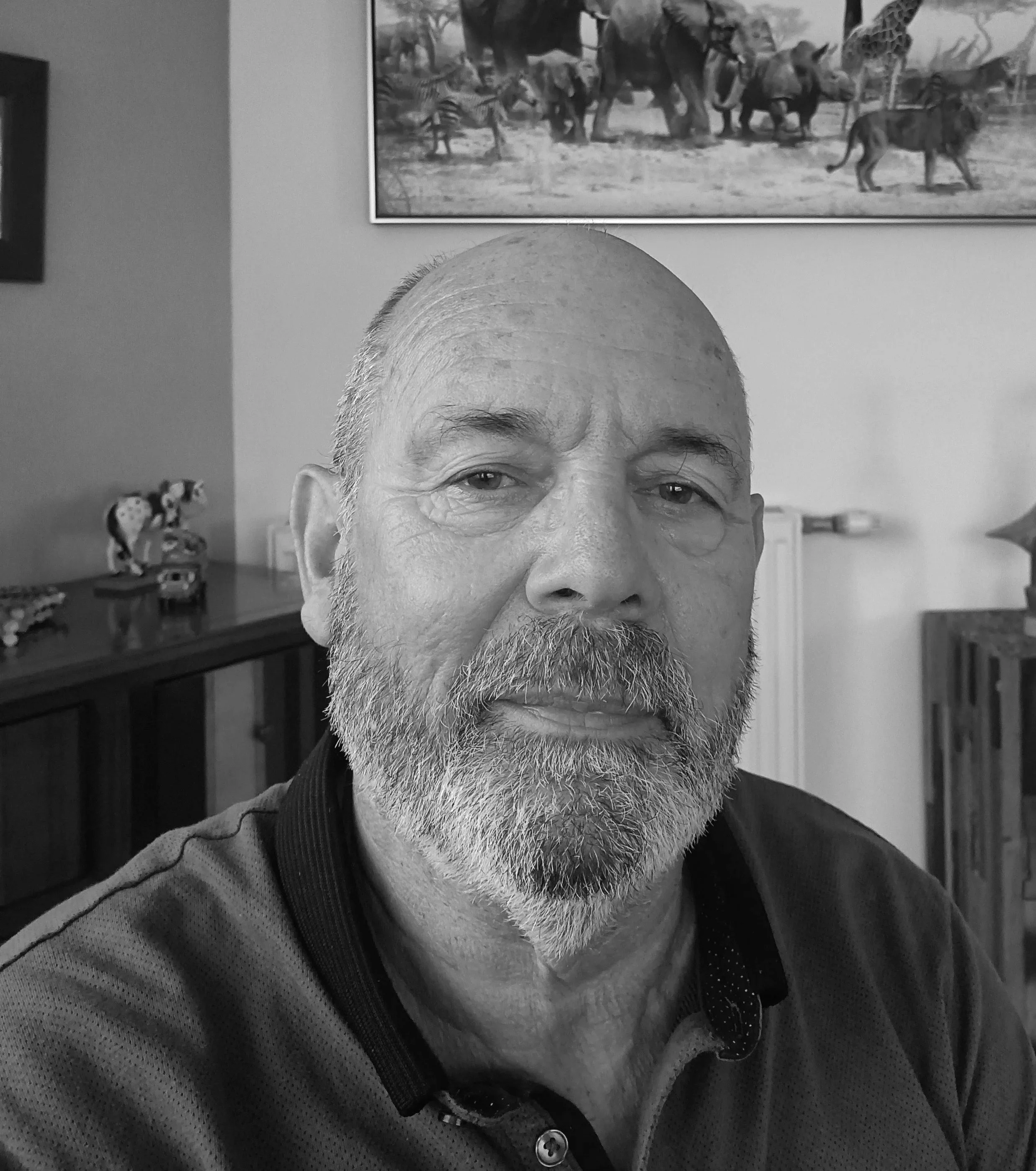 Un homme âgé avec une barbe et moustache, prenant un selfie en intérieur, avec un tableau avec des animaux sauvages en arrière-plan.