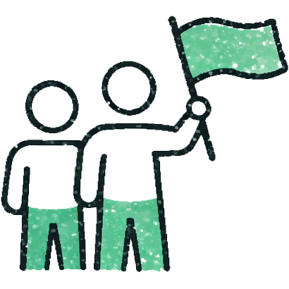 Deux personnes stylisées, l'une tenant un drapeau, symbolisant une manifestation ou une protestation.