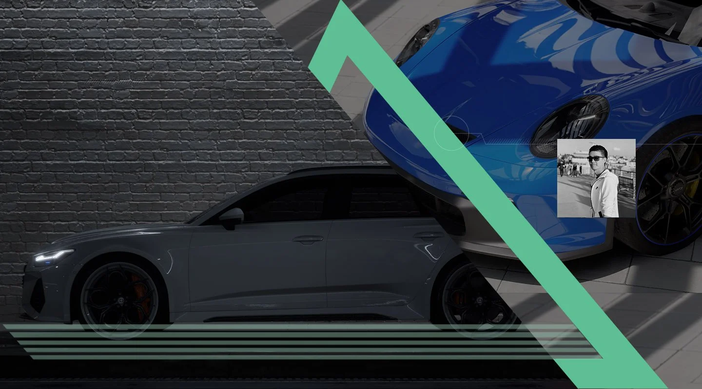 Overlay of a gray sports car and a blue sports car, with a black and white photograph of a man in sunglasses placed on the blue car.