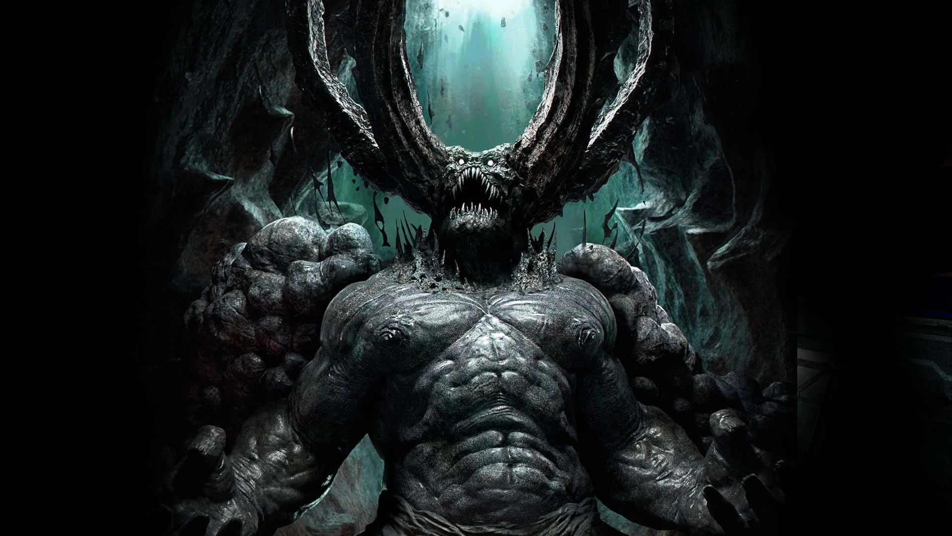 Dark, monstrous creature with a muscular body, sharp teeth, and large antler-like horns emerging from a cavernous environment.