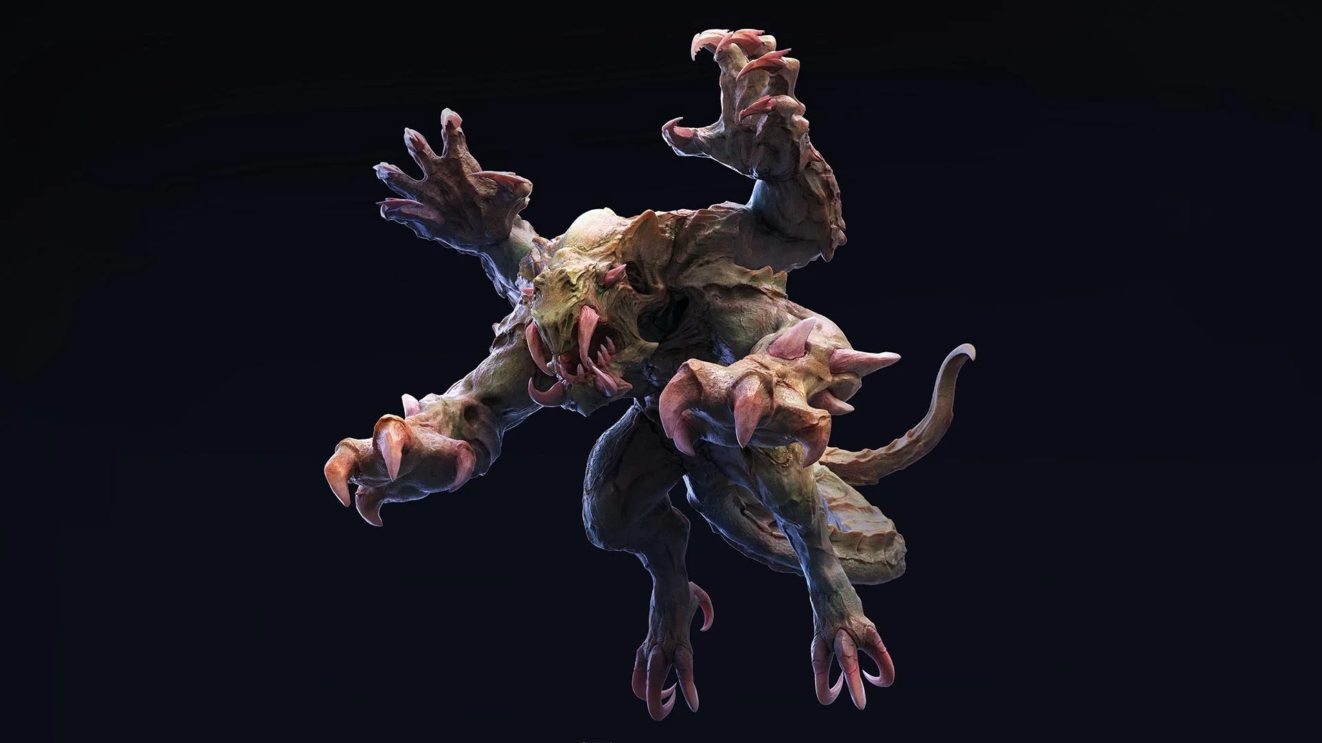 A creature with a mix of lizard, dragon, and beast features, has large claws, horns, and sharp teeth, and is posed as if ready to attack against a dark background.