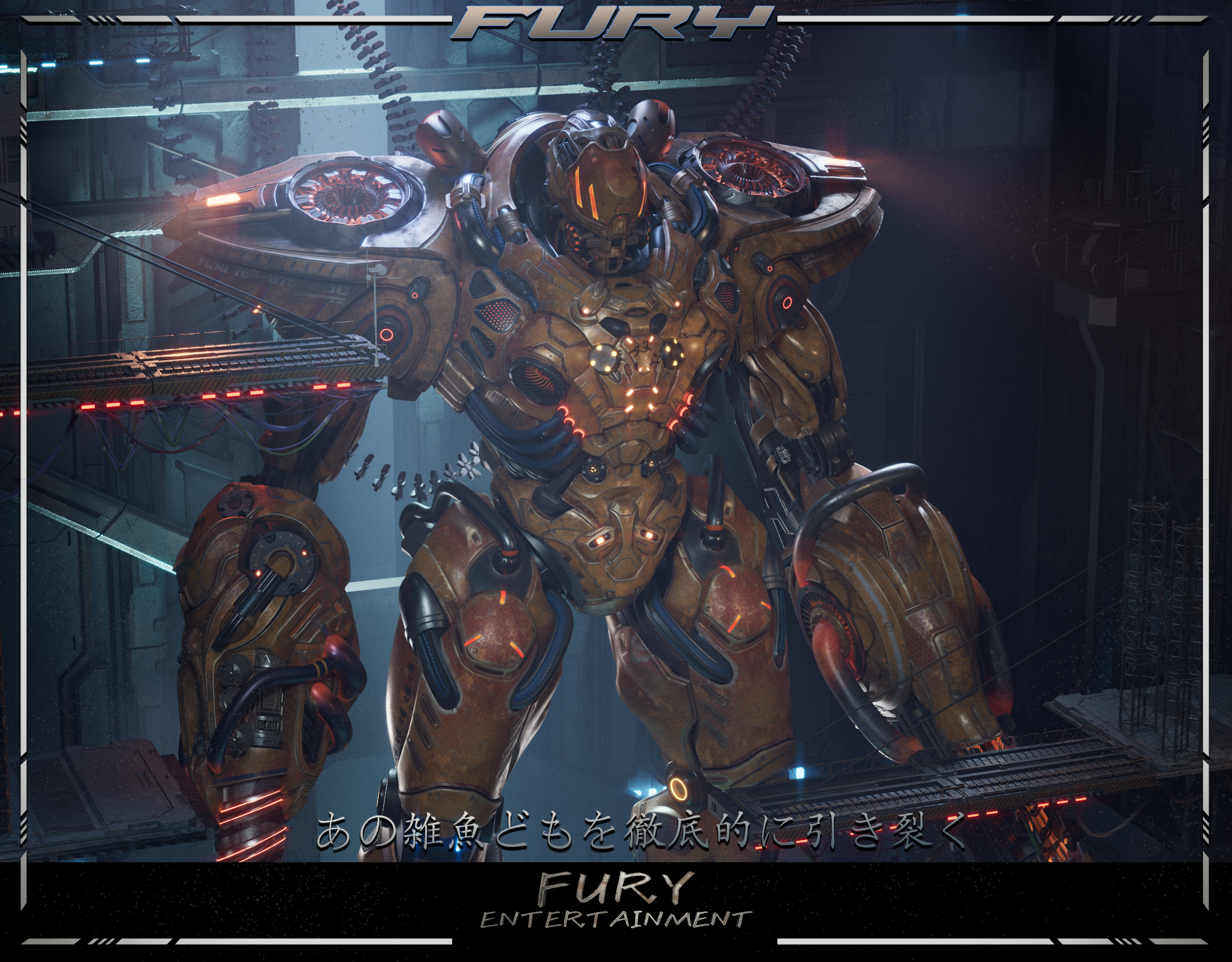 A large, futuristic, humanoid robot in a sci-fi setting. The robot is detailed with various mechanical parts, glowing lights, and metallic surfaces, standing indoors with blue lighting and digital displays.