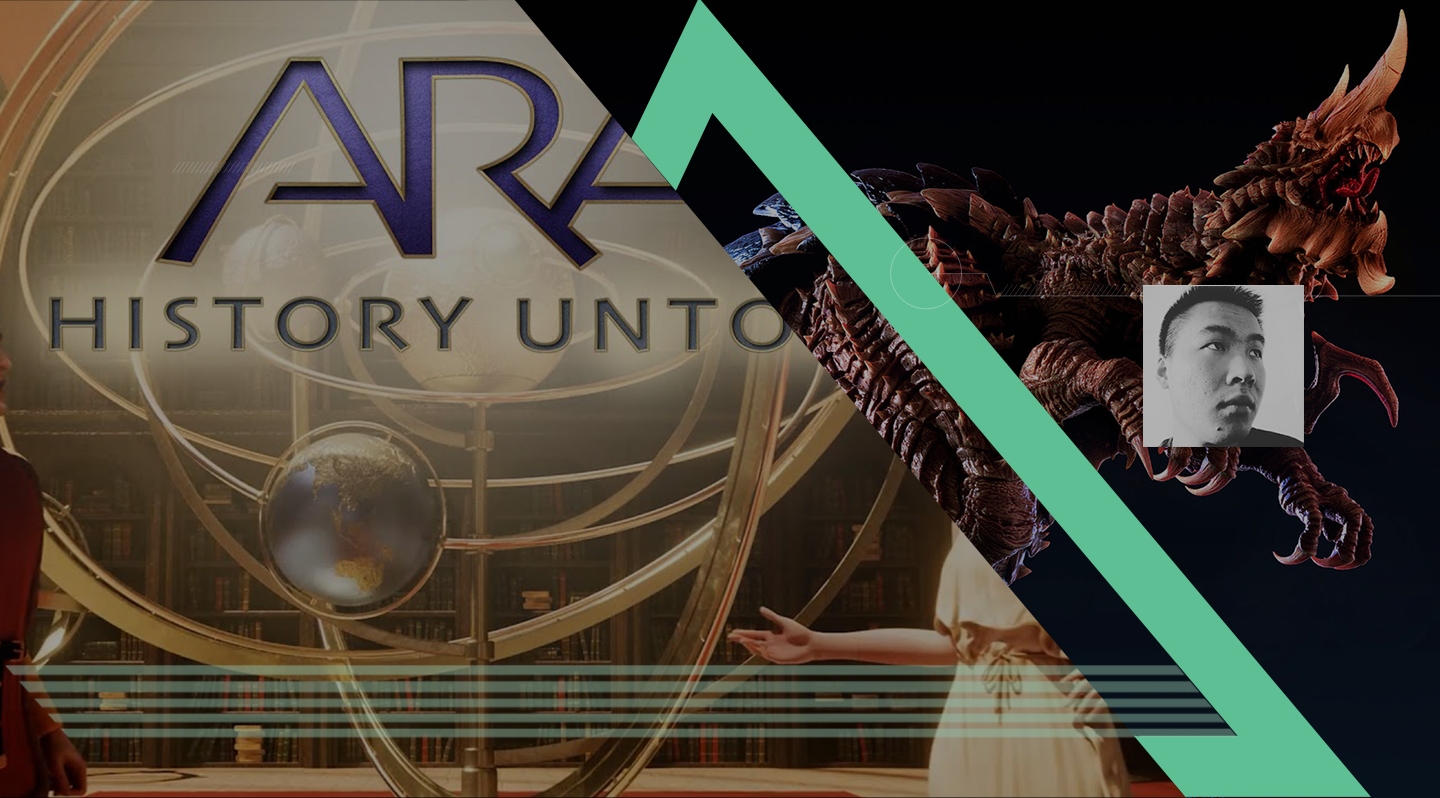 Split image of a scene from a documentary about Arata with a digital dragon and a person's face in a small overlay.