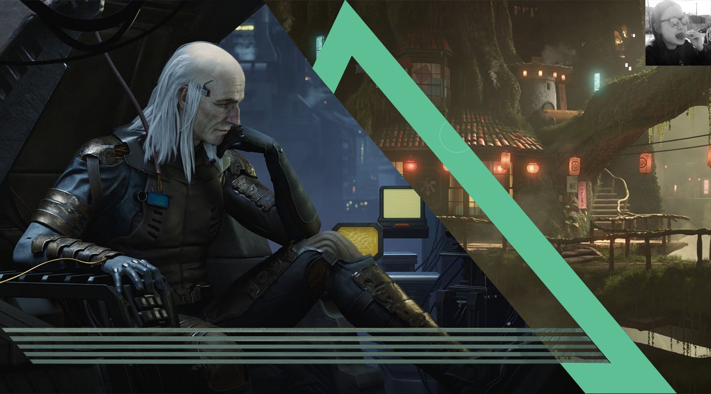 A video game scene featuring a cybernetic man with long white hair sitting in a futuristic control room, with another scene of a traditional Japanese-style building with red lanterns and a large tree in a fantasy setting in the background.