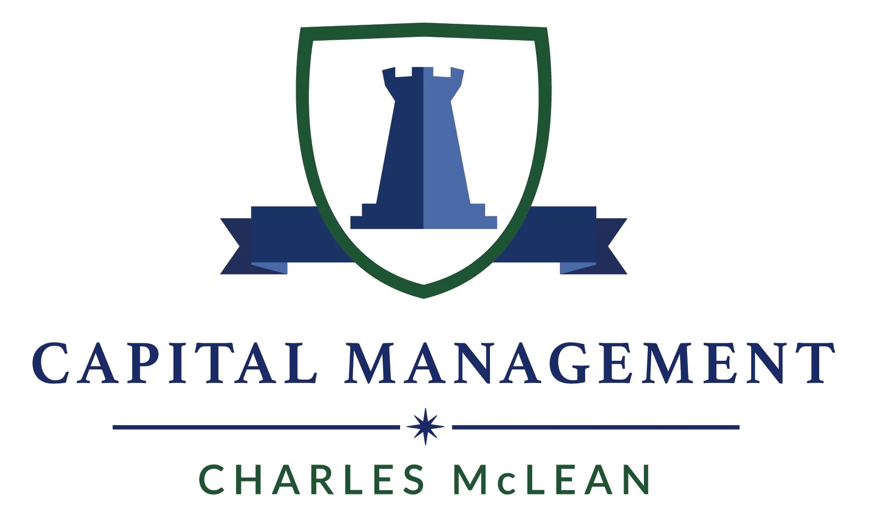 Logo of Capital Management by Charles McLean featuring a shield with a blue rook chess piece in the center and a blue ribbon underneath, with the text "CAPITAL MANAGEMENT" above and "CHARLES MCLEAN" below.