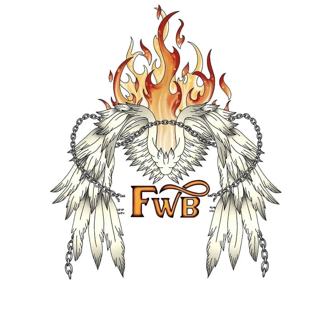 A graphic design featuring a burning phoenix with wide wings, chains, and the initials 'FWB' in stylized lettering below.