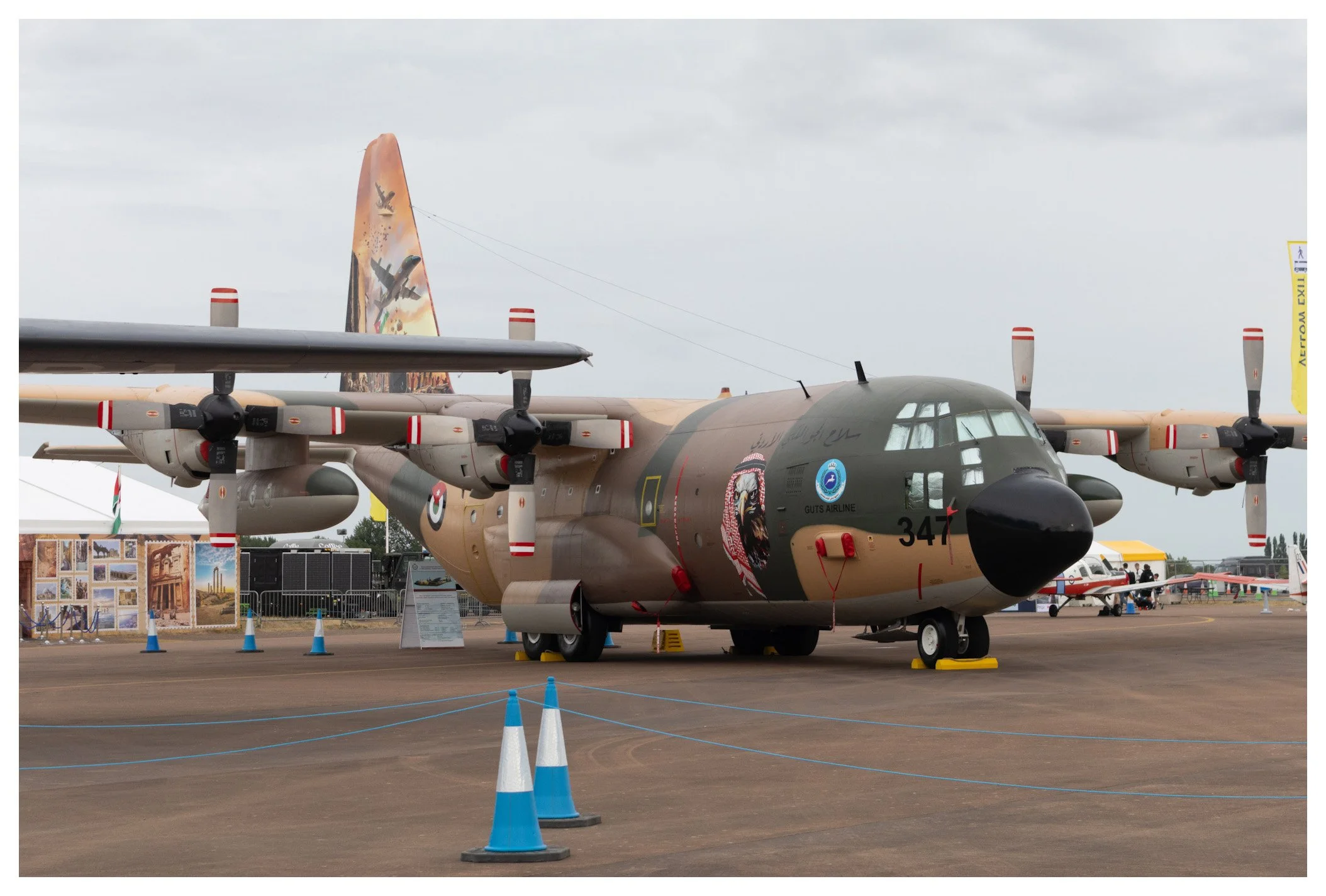 Military aircraft on display at an air show, painted in camouflage with various insignias and logos, surrounded by blue and white cones.