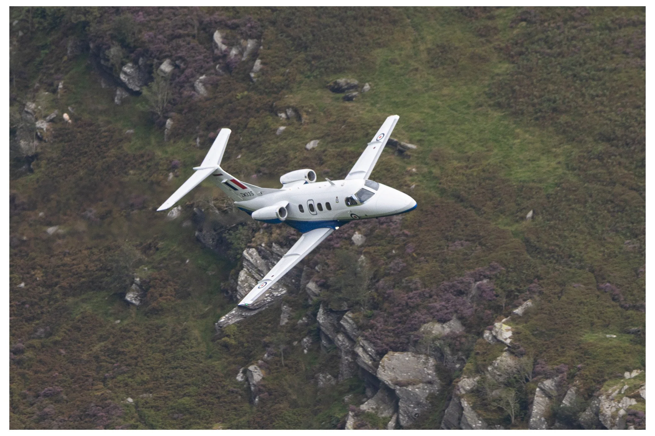 A white airplane flying over a green and rocky landscape with purple flowers.