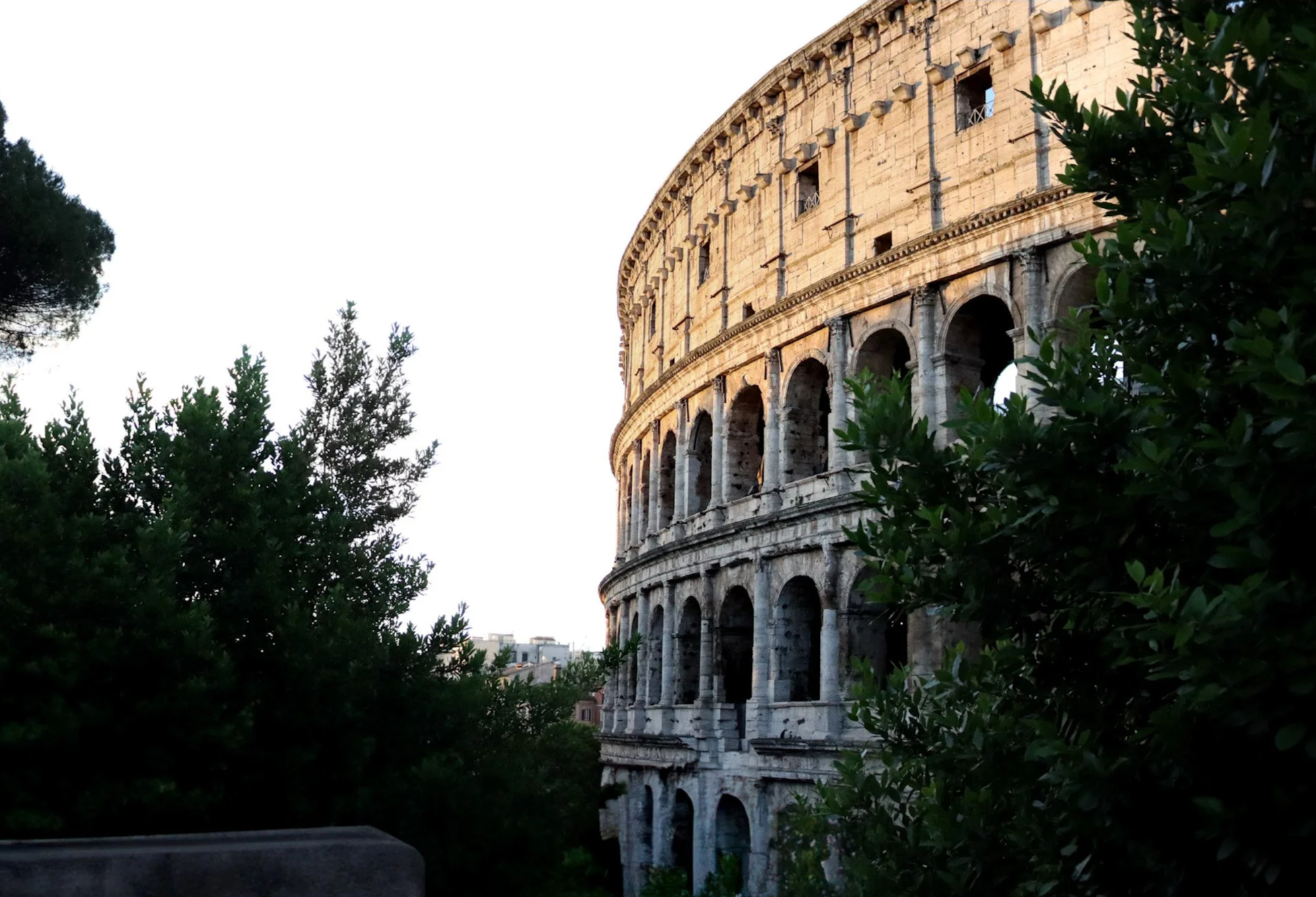 The Colosseum, an ancient Roman amphitheater, is partly visible with its stone arches and exterior wall, surrounded by green trees and bushes, with a bright sky in the background.