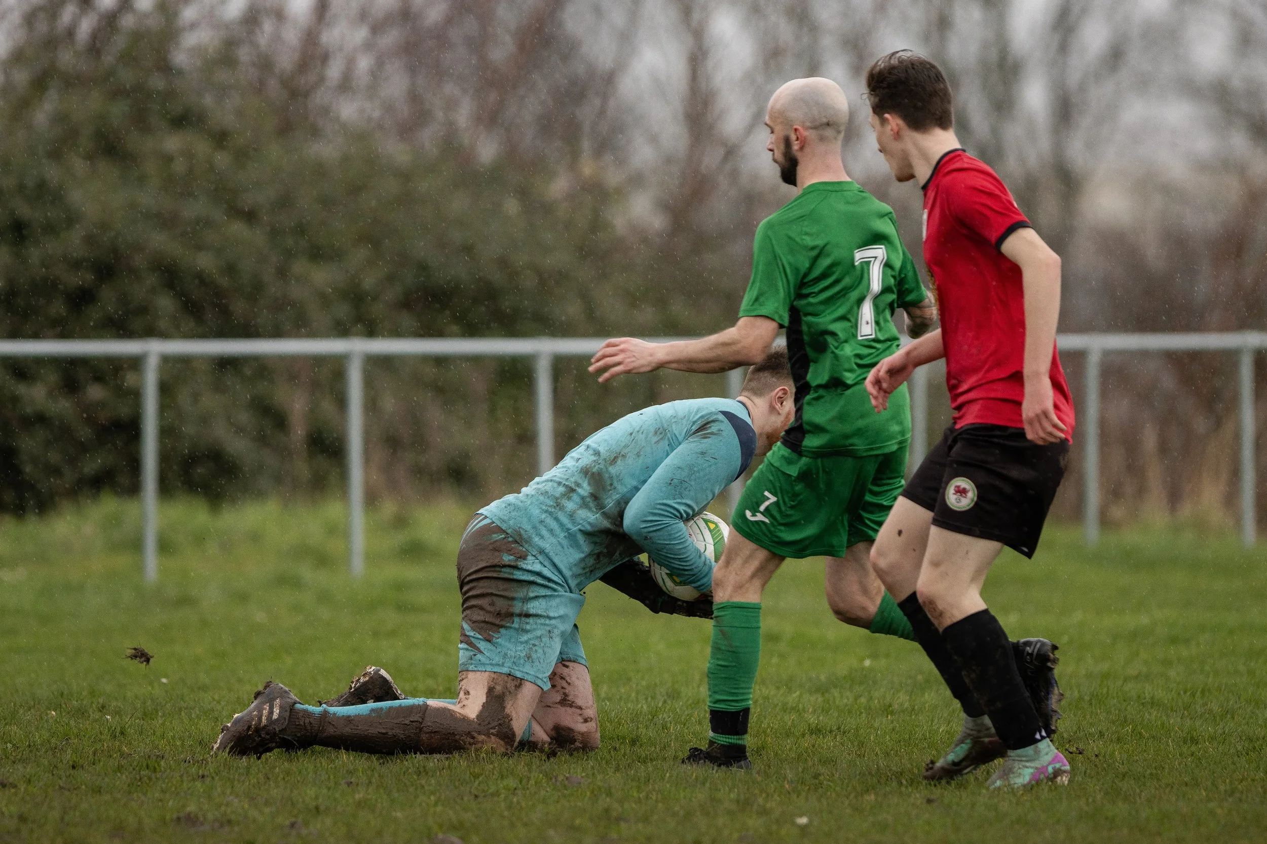 A muddy rugby match with a player in a blue jersey on his knees holding the ball while a player in a green jersey and another in a red jersey stand nearby on a muddy field, with trees and a fence in the background.